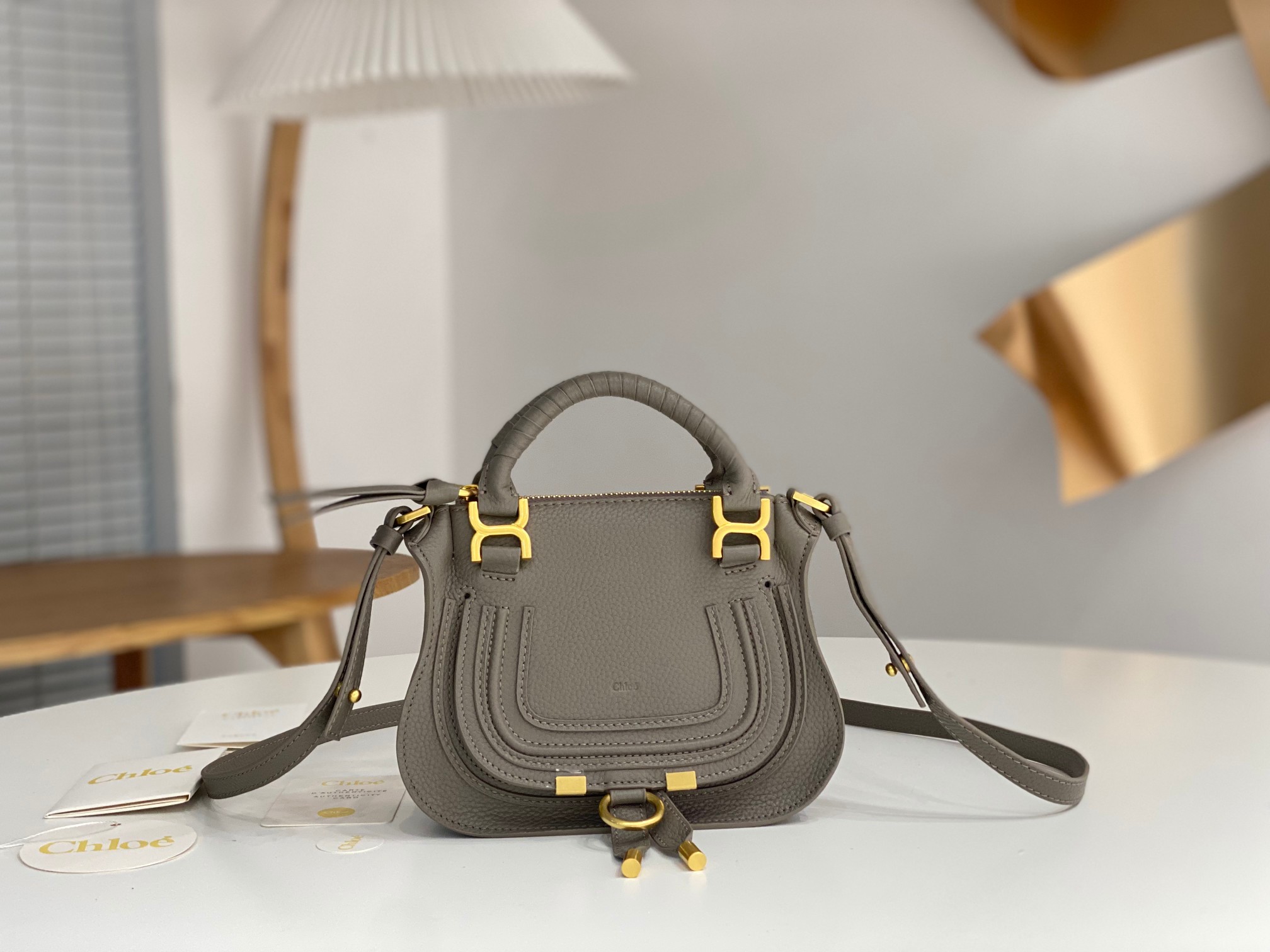 Chloe Mini Marcie Bag In Dark Grey Grained Leather